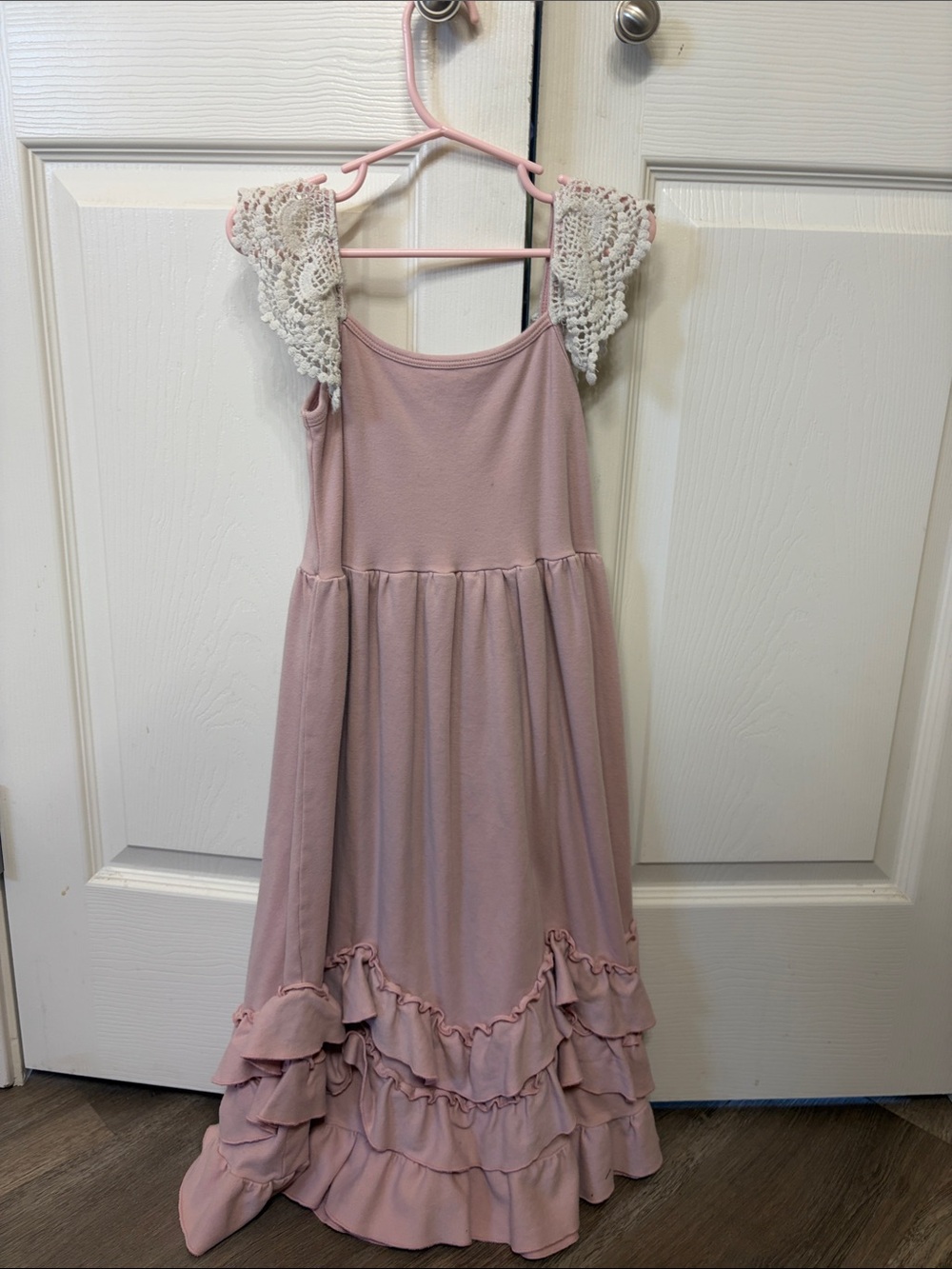 Girls Pink Ruffle Maxi Dress with Lace Shoulders